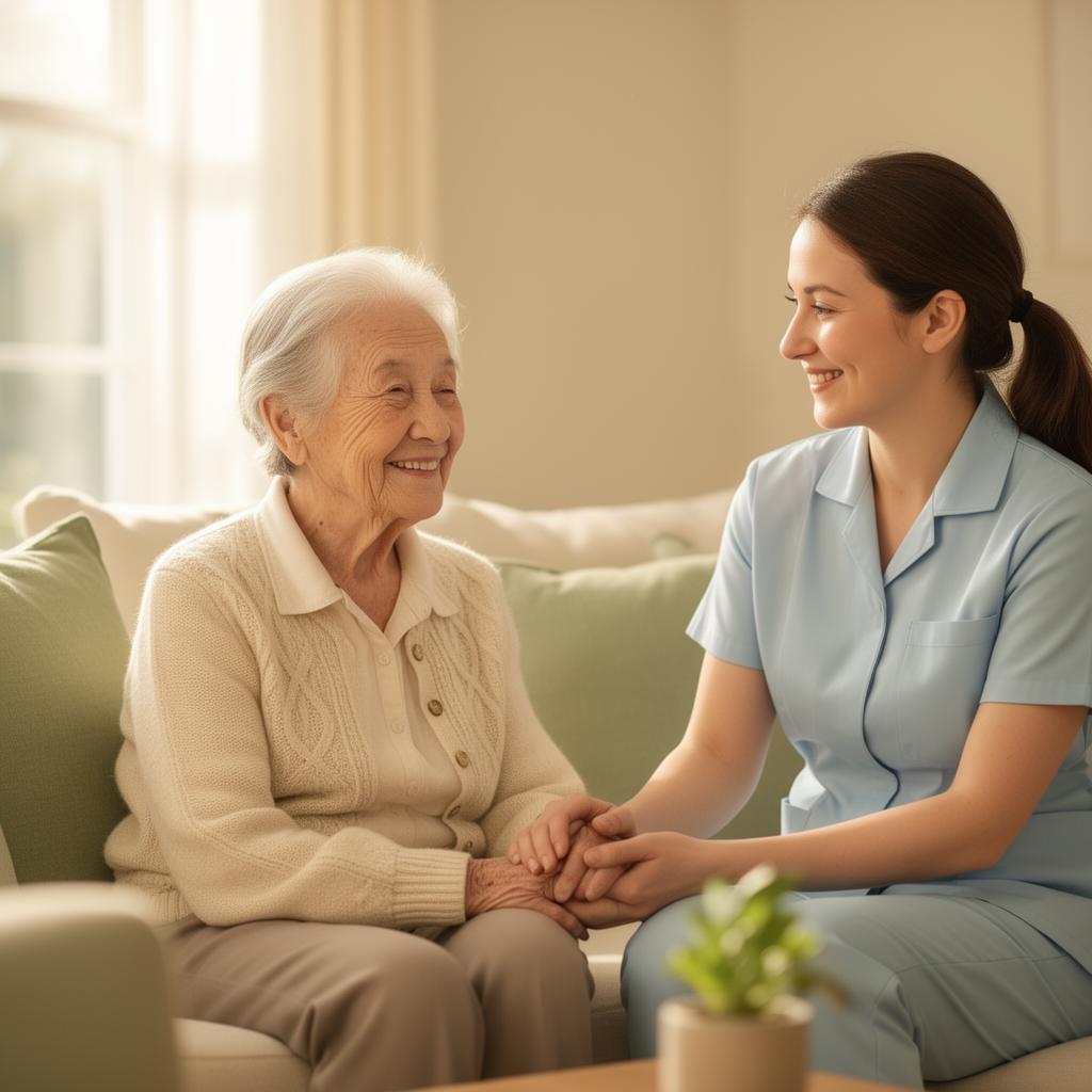 A compassionate caregiver gently holding hands with a senior client in a warm, sunlit living room